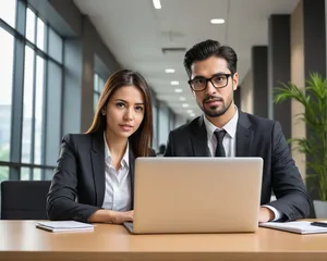 Happy male professionals working together in office meeting