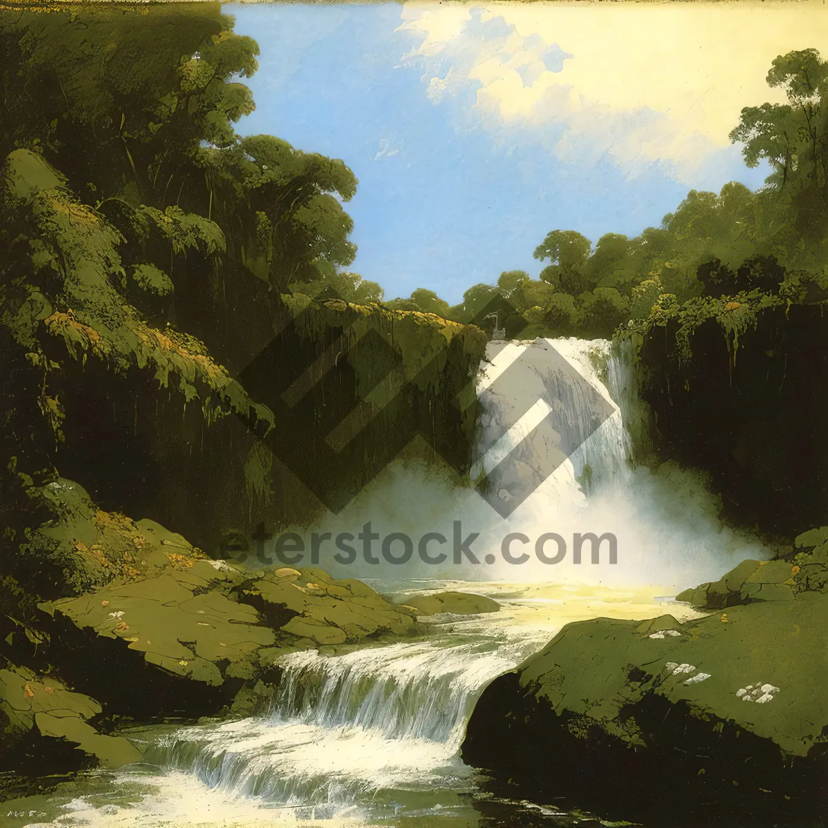 Picture of Serene Waterfall in Forest Landscape