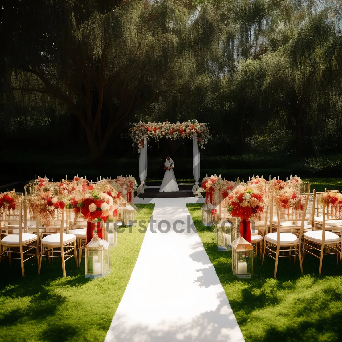 Picture of Summer park landscape with tulip garden and picket fence