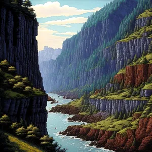 Majestic Ravine: A Serene Valley Embracing a Rushing River Amidst Towering Mountains