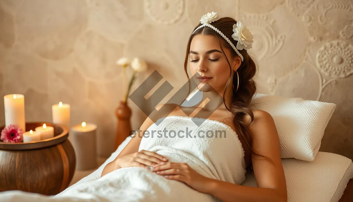 Picture of Attractive brunette bride in stunning wedding dress portrait.