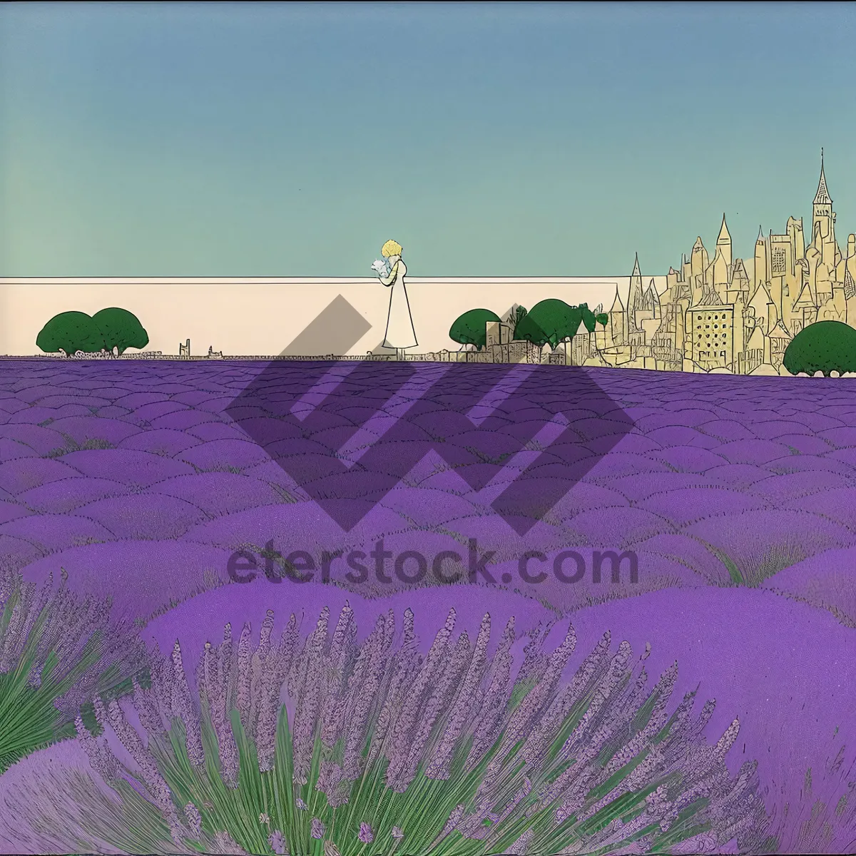 Picture of Idyllic Summer Field with Lavender Flowers and Purple Trees