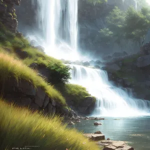 Serene Cascading Waters amidst Lush Forest Landscape