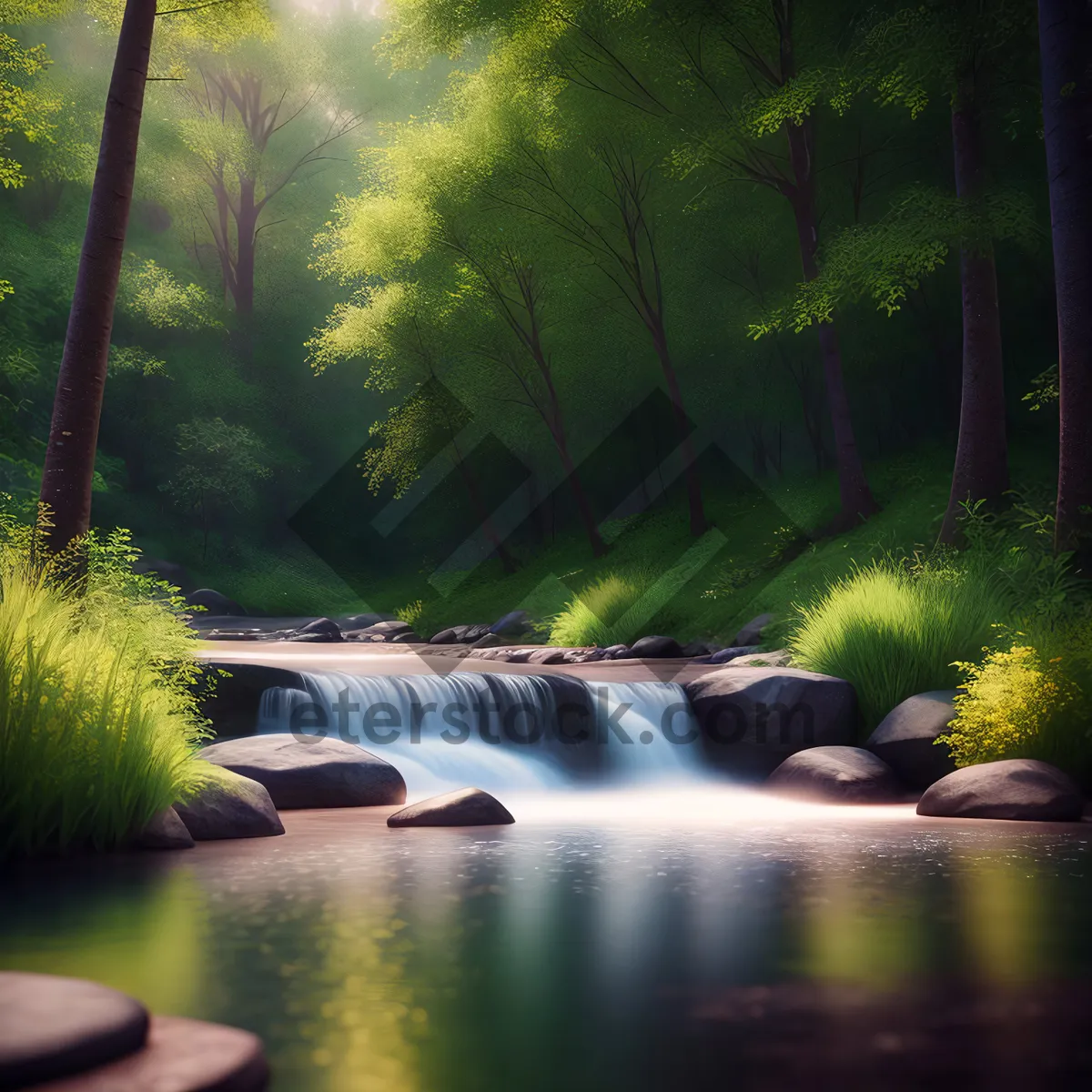 Picture of Serene Waterfall in Lush Forest Surroundings