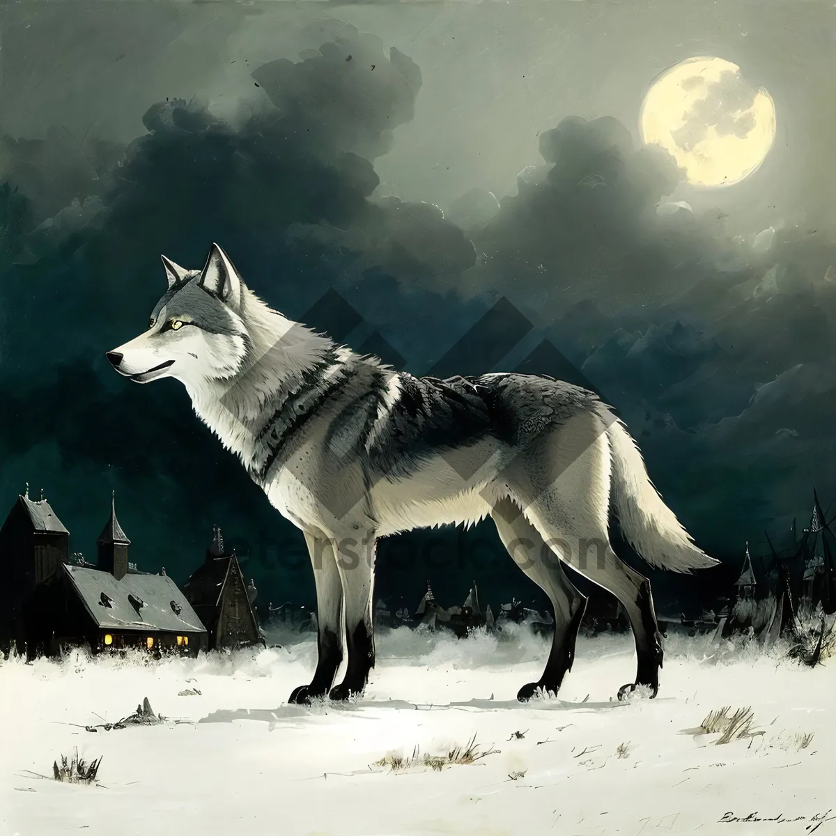 Picture of Wild Winter Canine: Majestic White Wolf in a Snowy Moonlit Landscape