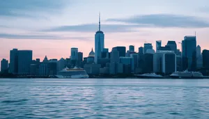 Modern skyline reflecting in river at sunset.