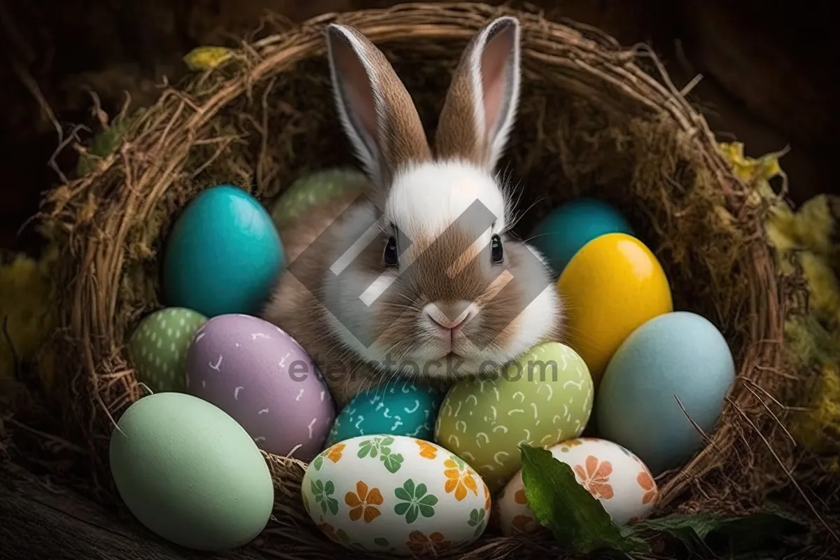 Picture of Cute Easter Bunny with Colorful Eggs in Grass