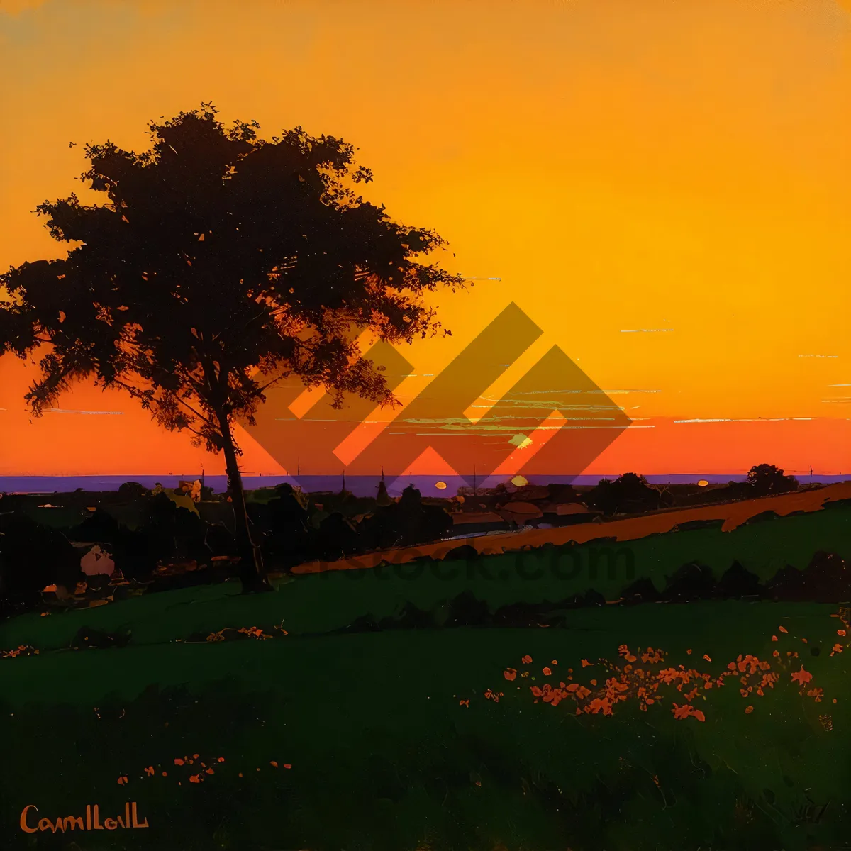 Picture of Golden Horizon: Serene Sunset Over Meadows