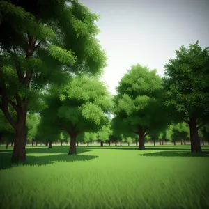 Idyllic Summer Landscape with Lush Trees and Clear Sky