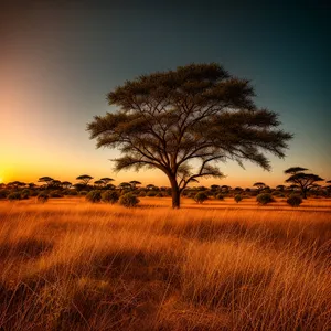 Serene Sunset over Golden Savannah Landscape