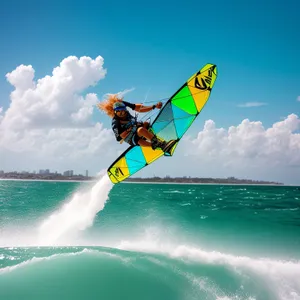 Surfer riding waves on a sunny beach vacation