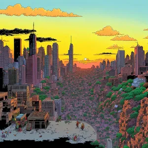 Downtown City Skyline Puzzle at Sunset