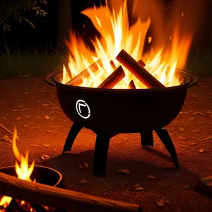 Blazing Hearth: Fiery Flames Illuminate Kitchen Utensil