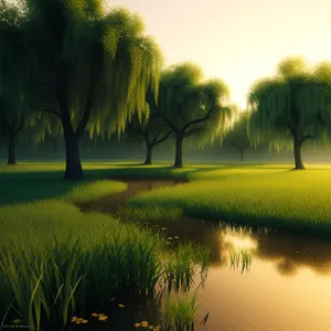 Serene Summer Meadow with Willow Trees
