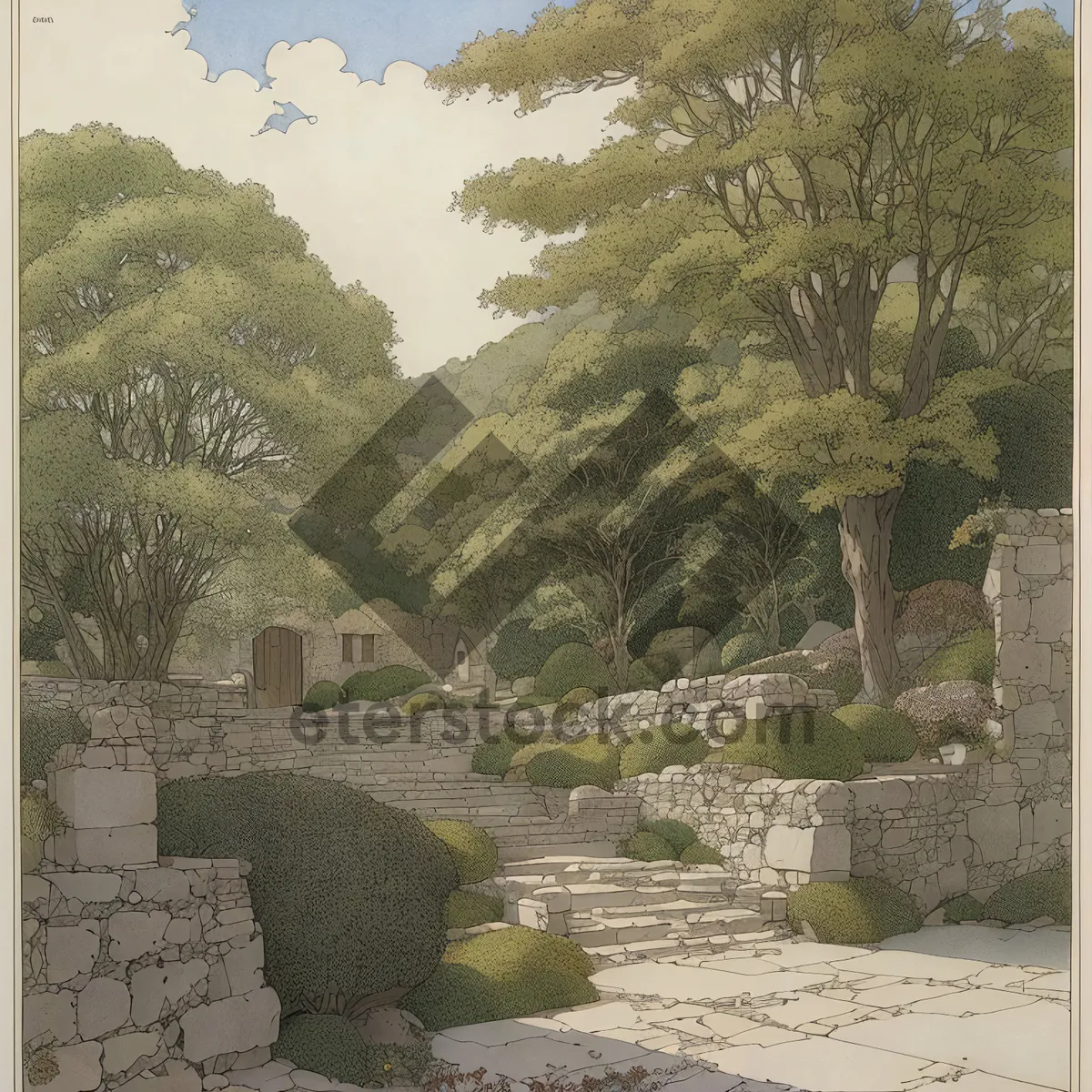 Picture of Serene Memorial: Ancient Stone Gravestone in Tree-Lined Cemetery