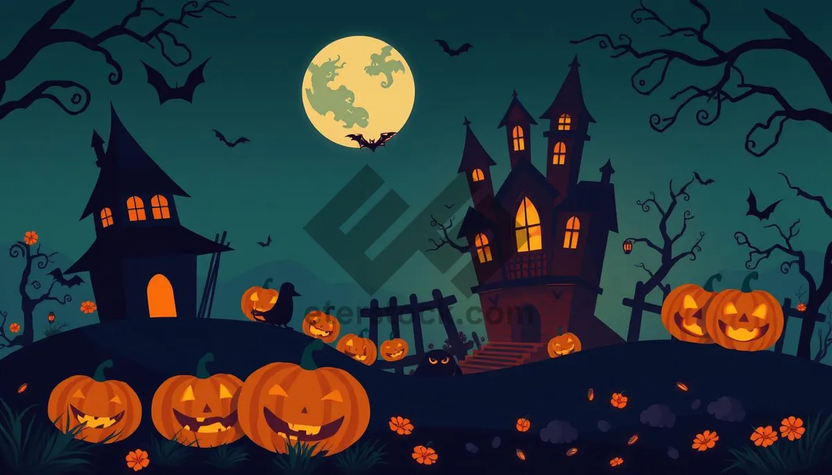 Picture of Spooky Halloween Night Silhouette with Moon and Bat