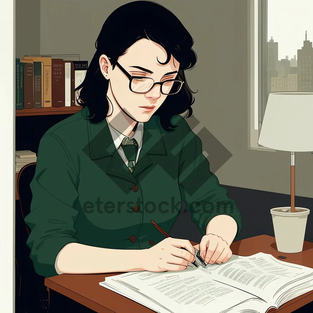 Picture of Busy Businesswoman Solves Crossword Puzzle at Office Desk