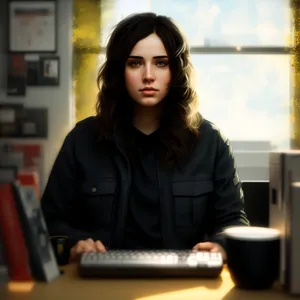 Pretty businesswoman working on laptop in office smiling confidently