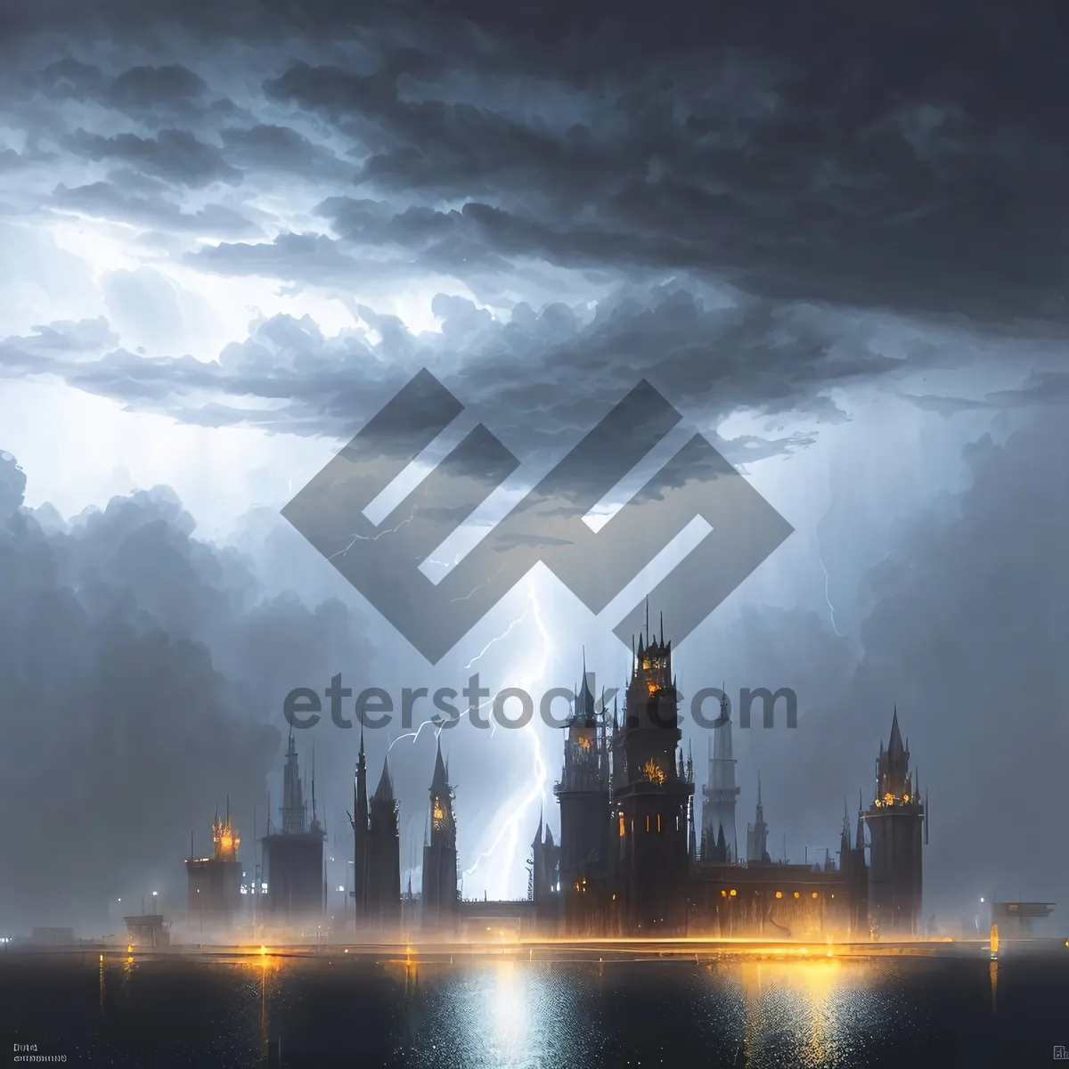 Picture of Cityscape Reflection: Fiery Night Boat on River