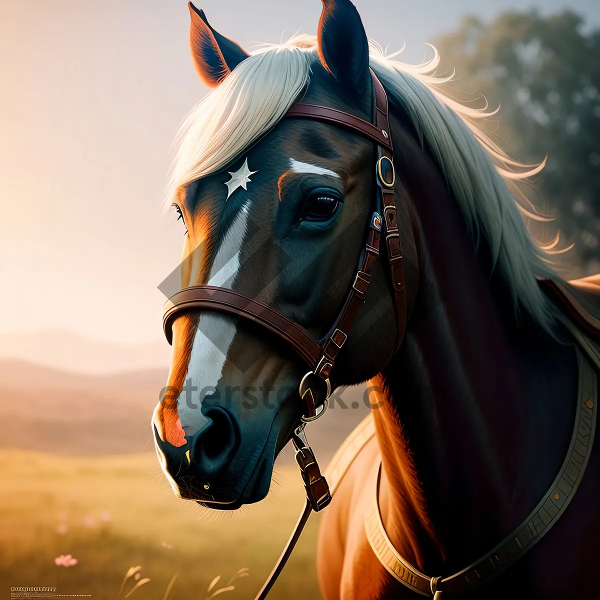 Picture of Brown Thoroughbred Horse with Equestrian Gear in Green Field