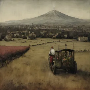 Rural Farm Landscape with Hay Wagon and Tractor