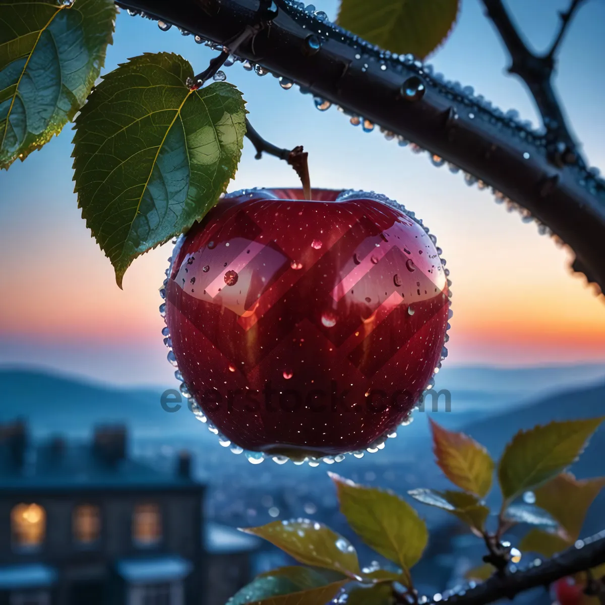 Picture of Fresh Cherry Berry Apple on Leaf with Stem