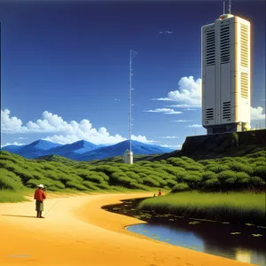 Beachside Beacon Tower amidst Majestic Cityscape