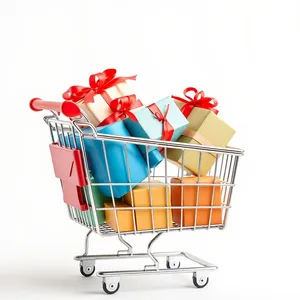 3D metal shopping cart on wheel in empty supermarket.