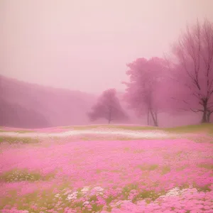 Colorful Spring Meadow with Moss Pink Flowers and Purple Phlox