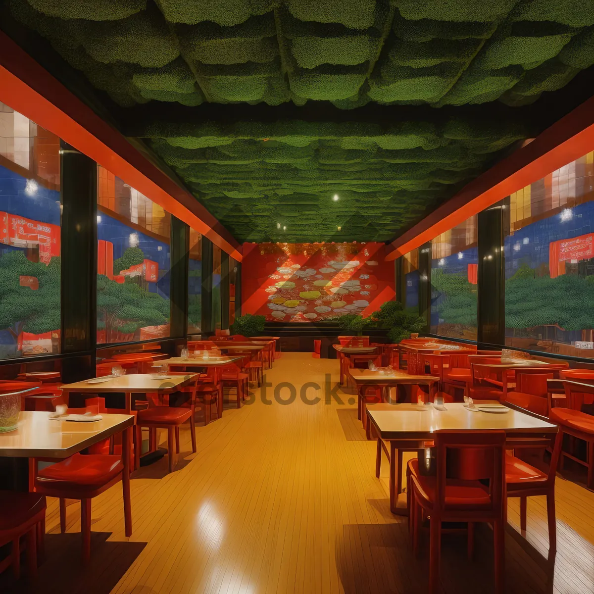 Picture of Modern restaurant interior design with wooden chairs and tables