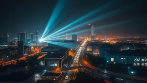 Nighttime city traffic on illuminated highway bridge