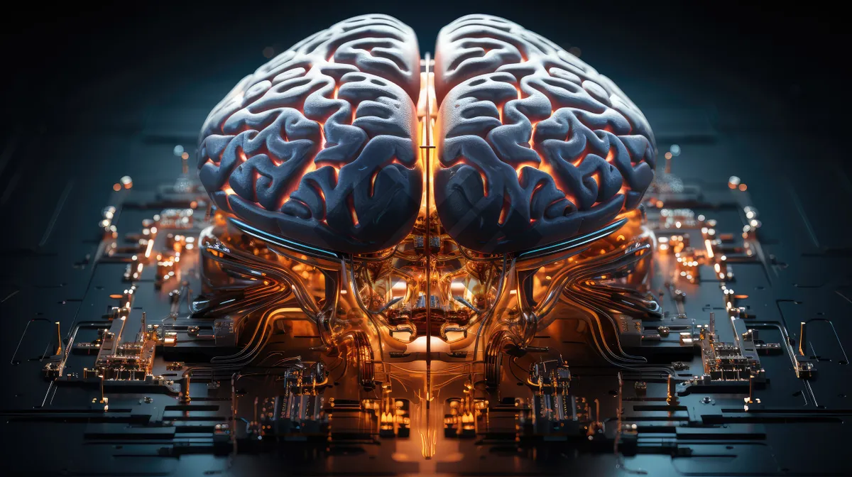 Picture of Sci-fi concept. The central computer processor in the form of an artificial brain microchip as the main element of the artificial intelligence system is installed on the motherboard of the supercomputer