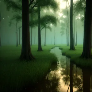 Misty Sunrise over Serene Forest Landscape