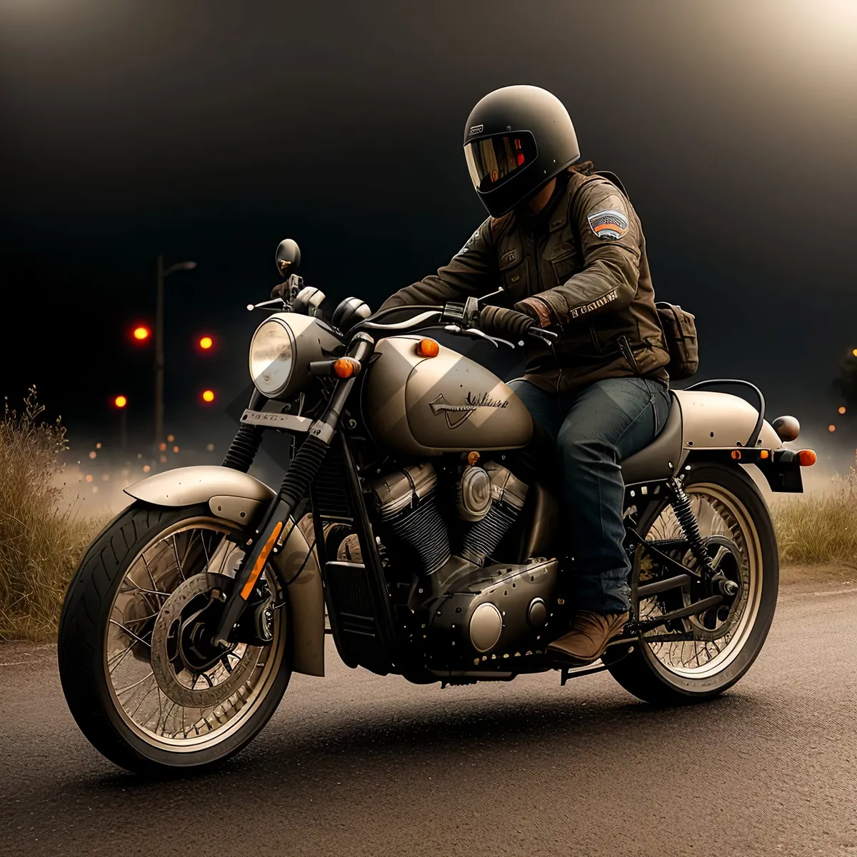 Picture of Speeding Motorcycle Rider in Protective Helmet