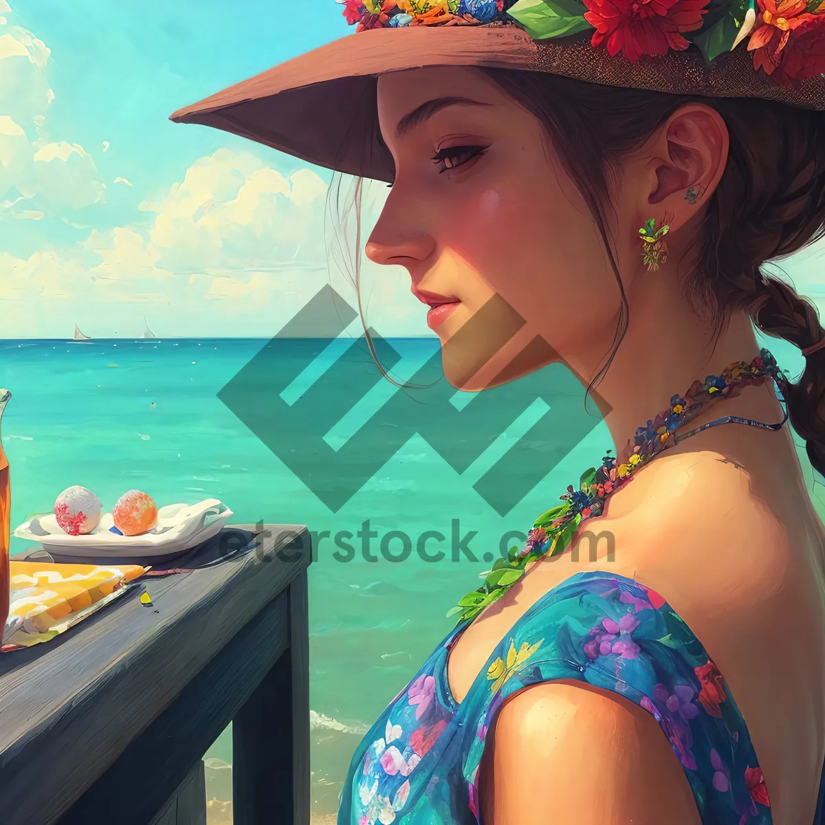 Picture of Exotic Beach Leisure: Tan Sexy Swimsuit with Sombrero