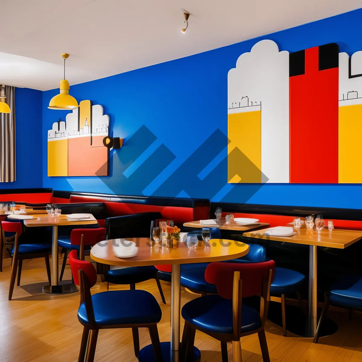 Picture of Modern interior design of luxury restaurant with wood furniture.