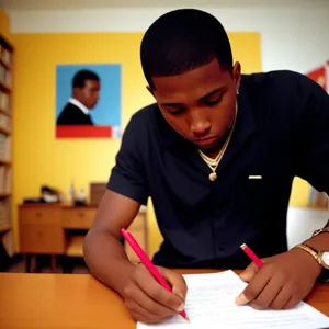 Smiling adult and child studying at home desk