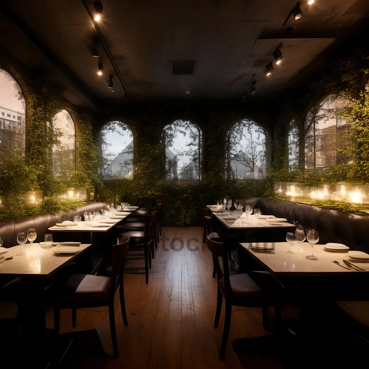 Picture of Modern restaurant interior design with luxury furniture and wood.