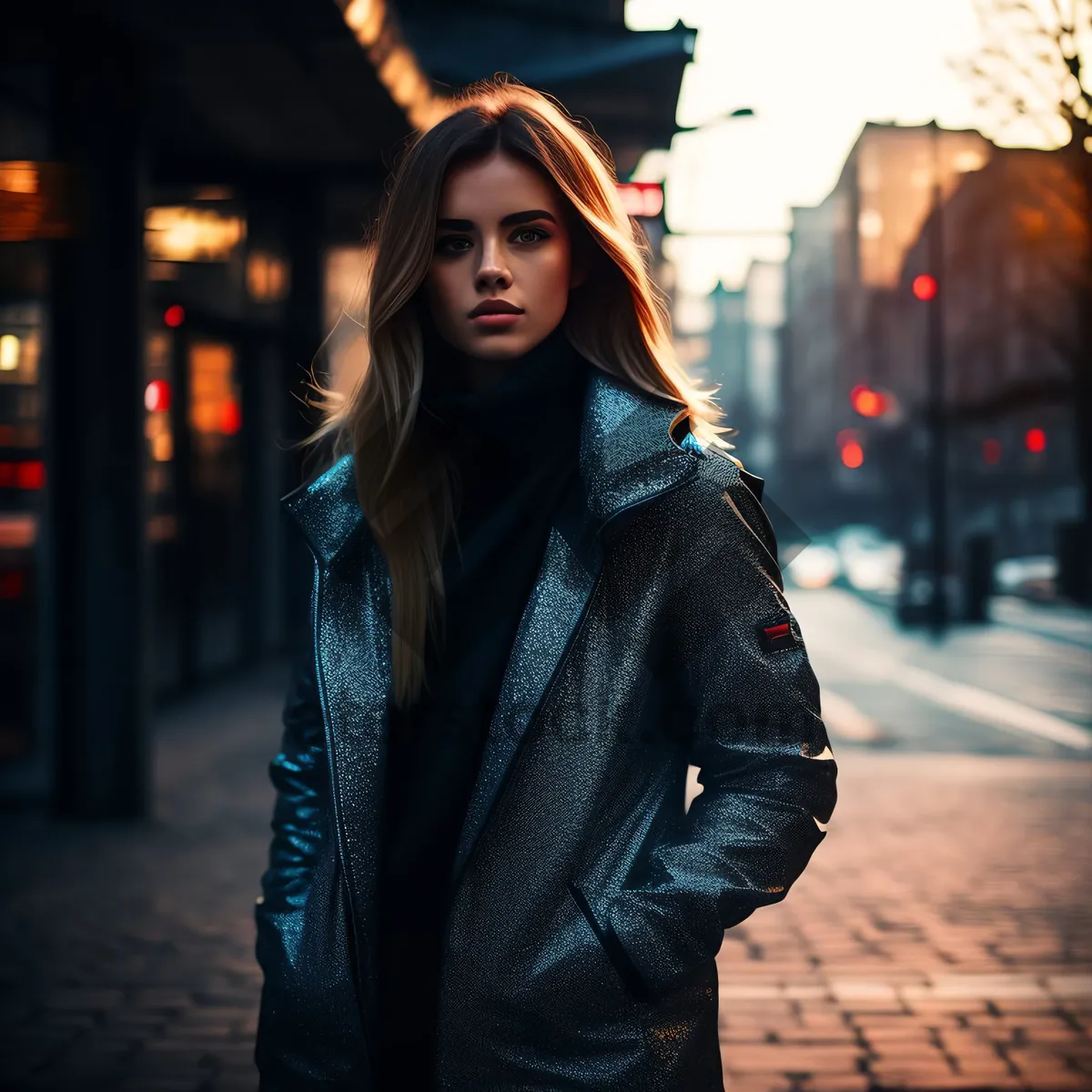 Picture of Attractive brunette fashion model smiling in leather dress