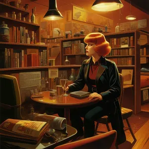 Happy man working on laptop in cozy library.