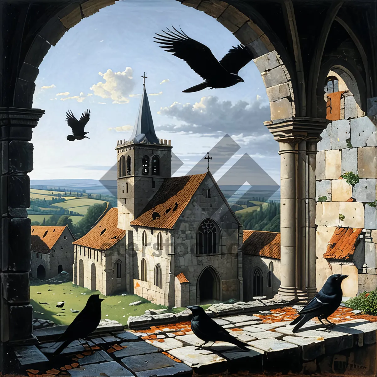 Picture of Medieval church with tower and stone architecture.