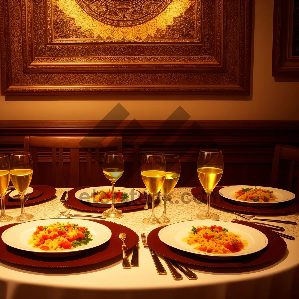 Picture of Stylish Dining Table Set in Contemporary Restaurant Interior