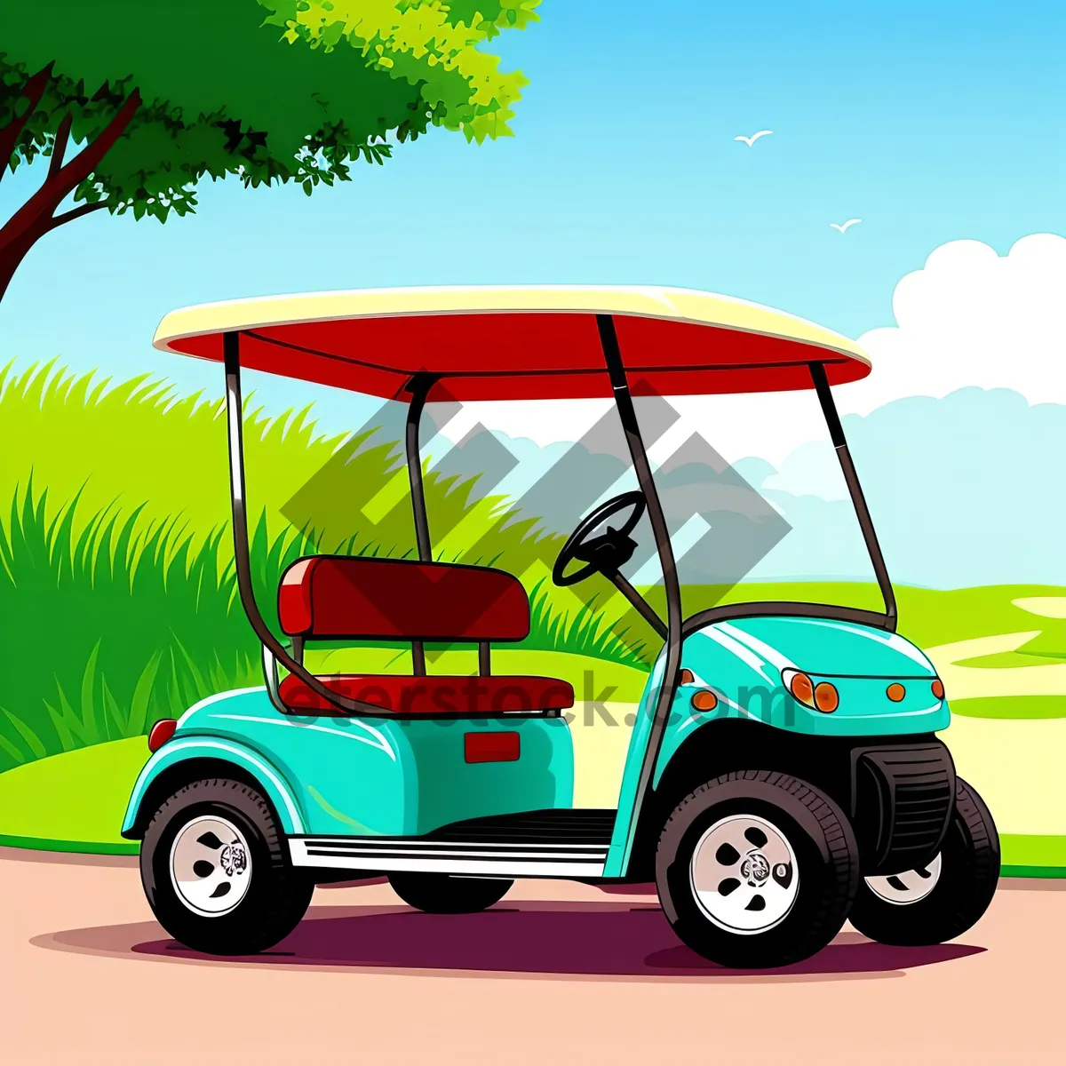 Picture of Cartoon Golfer Driving a Vintage Car on a Summer Golf Course