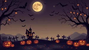 Silhouette of moonlit cemetery with pumpkin and stars
