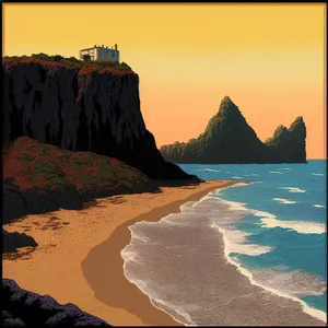 Serene Coastal Waters: Sun-kissed Shores and Majestic Mountains