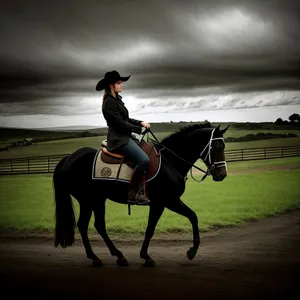 Stallion riding in saddle with vaulting horse support