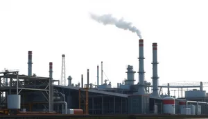 Industrial power plant emitting smoke with chimney tower.