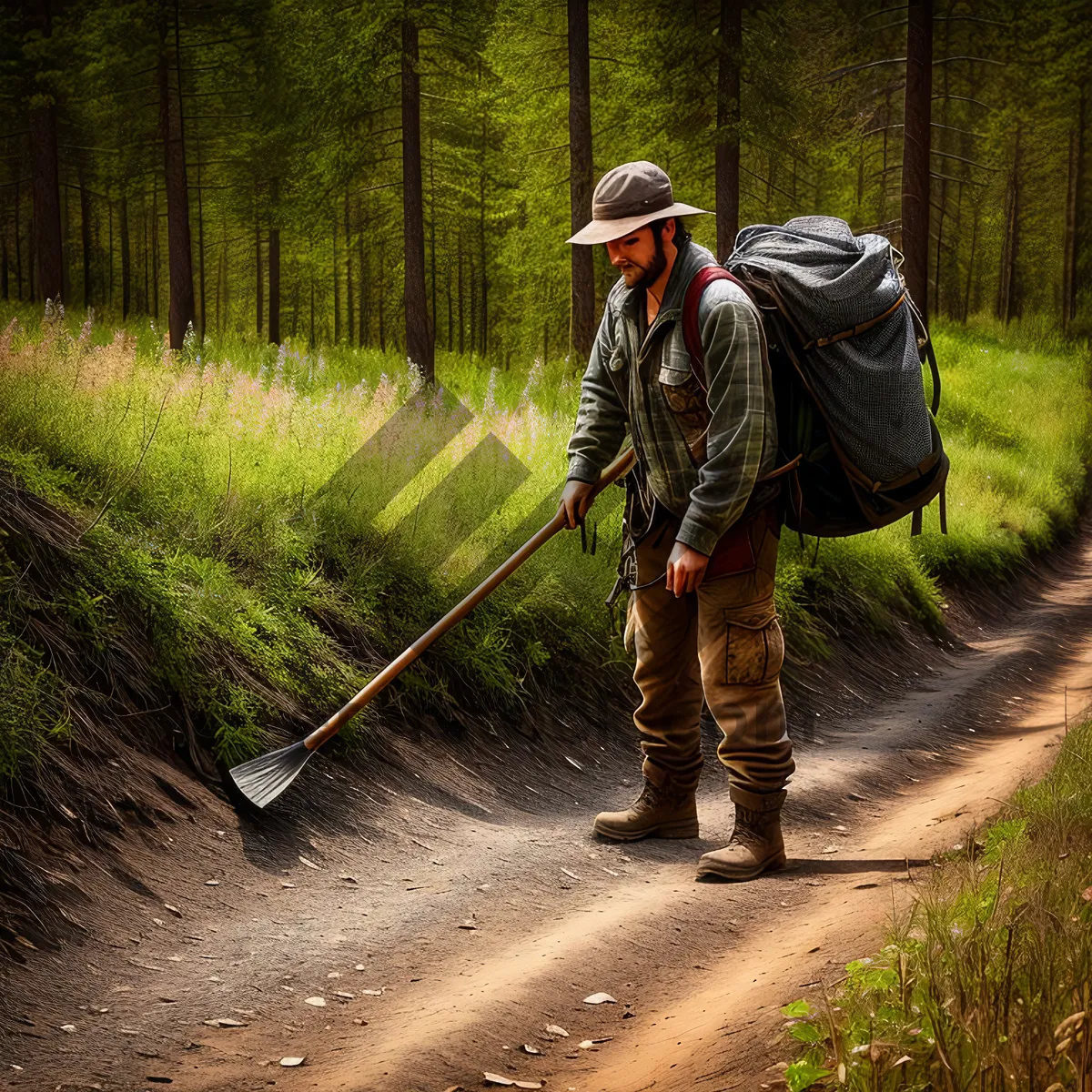 Picture of Active hiker using a rake for outdoor leisure.