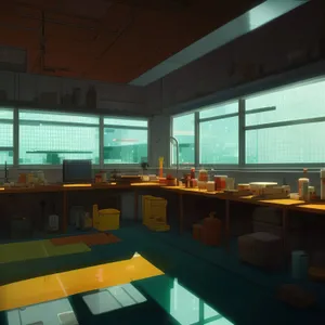 Modern restaurant interior with stylish furniture and lighting.