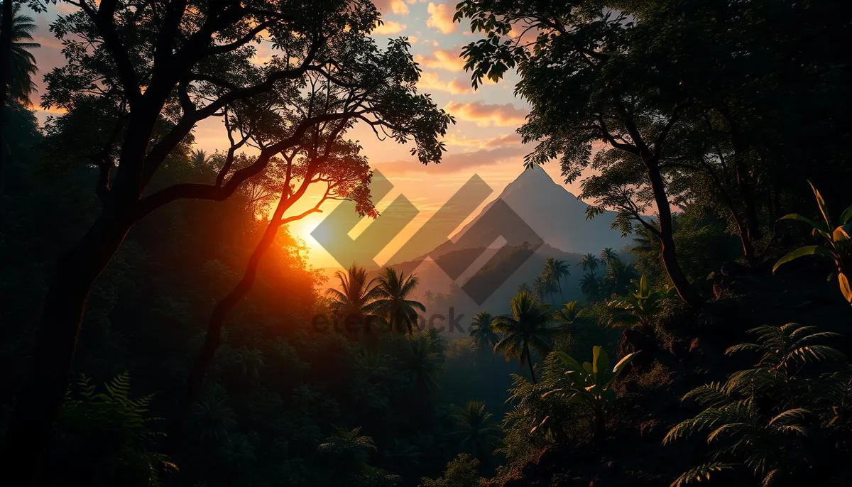 Picture of Silhouette sunset over ocean with tree and mountains.